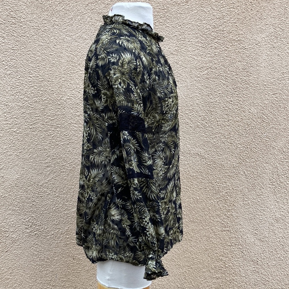 Zara Raised Velvet Sheer Crochet Bishop Sleeve Peasant Blouse Peek-a-Boo Yoke - Picture 6 of 9